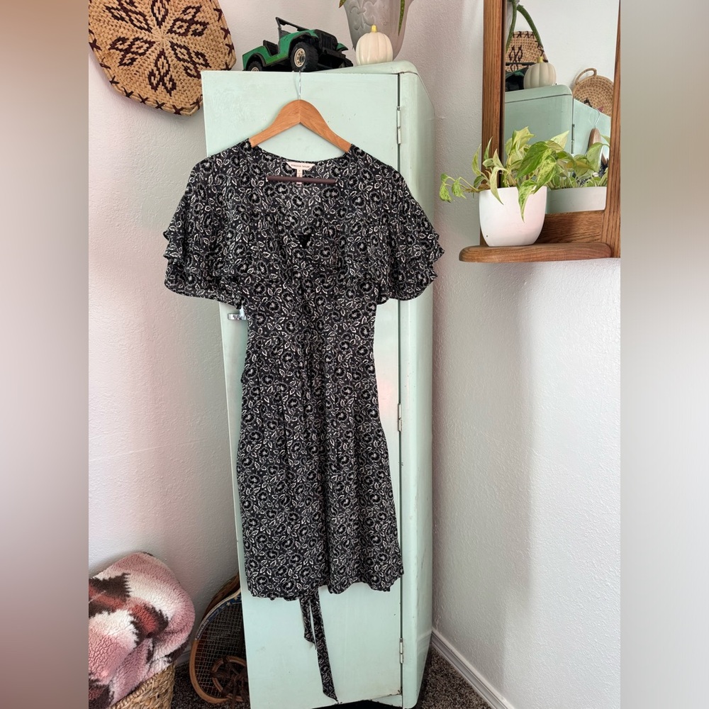 Rebecca Taylor Silk Midi Dress, Flutter Sleeve,Black & White Floral Print